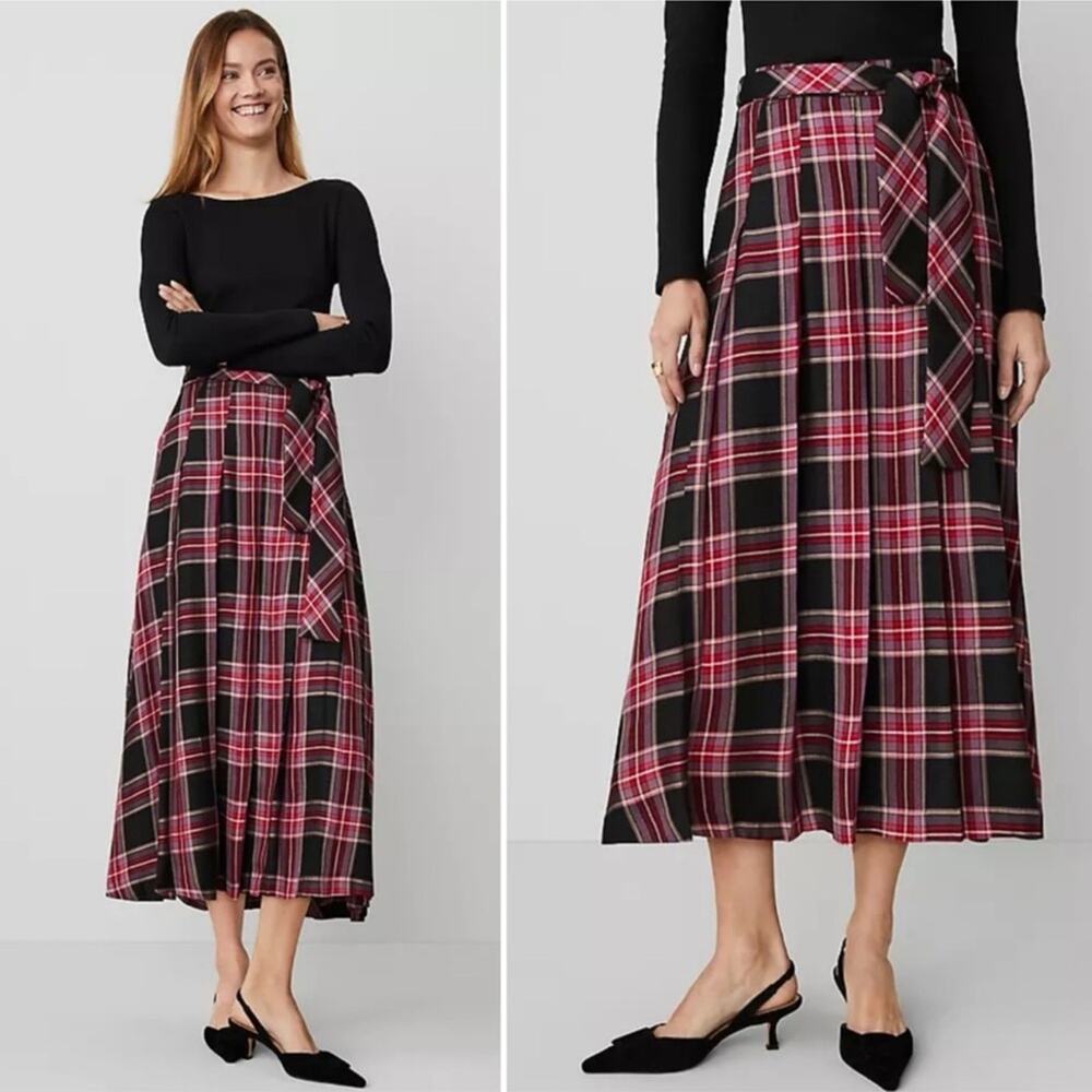 NWT NEW Ann Taylor Plaid Tie-Waist Pleated Midi Skirt